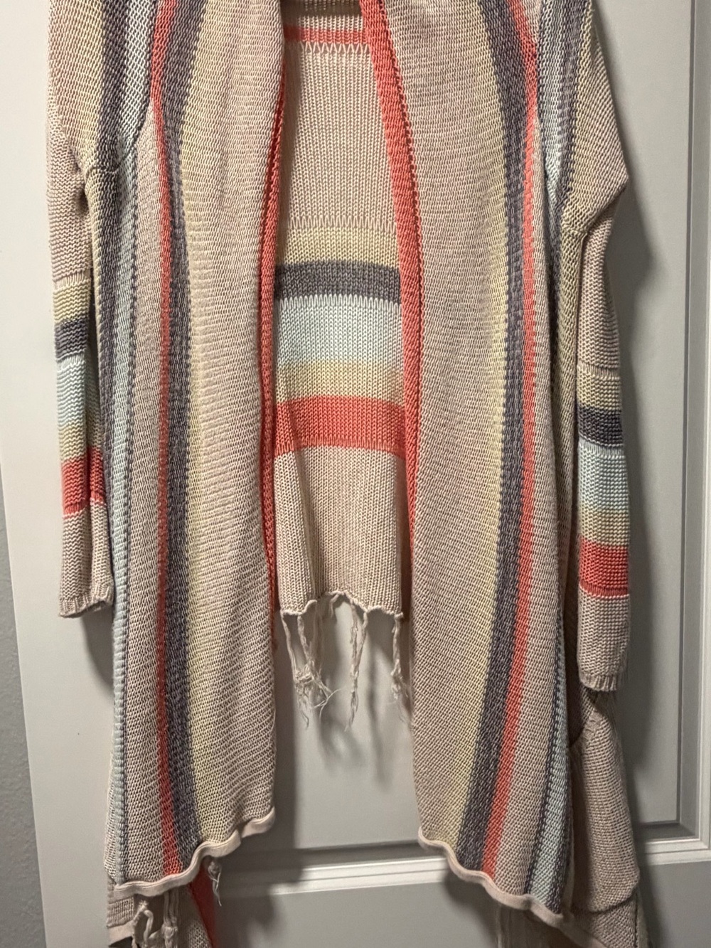 Billabong M Striped Fringe Open-Front Women's Sweater Cardigan - Coral & Cream